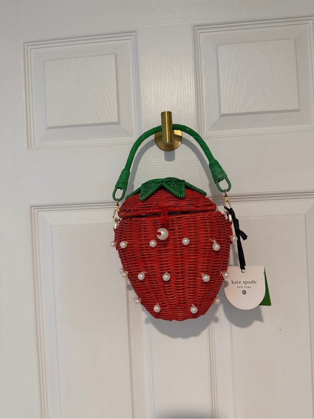 kate spade Red & Green Strawberry Wicker Crossbody with Pearl Accents